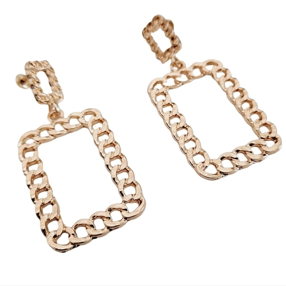 Gold Statement Earrings Metallic chunky chain link‎ square Retro💖2/$30 - Picture 7 of 13